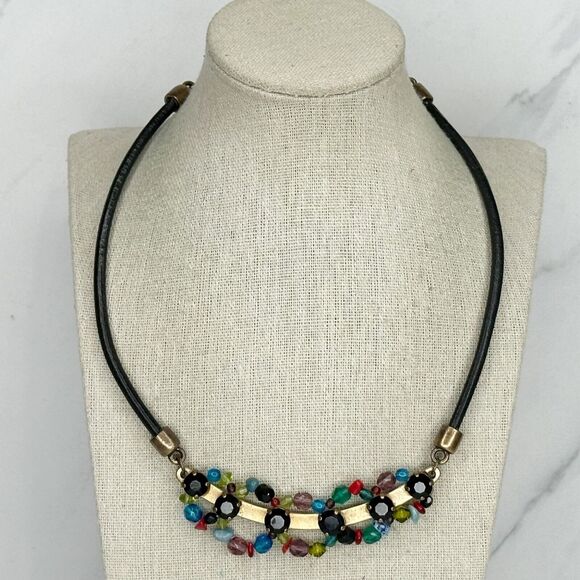Chico's Colorful Beaded Gold Tone Black Cord Statement Necklace ✨ - Picture 8 of 14